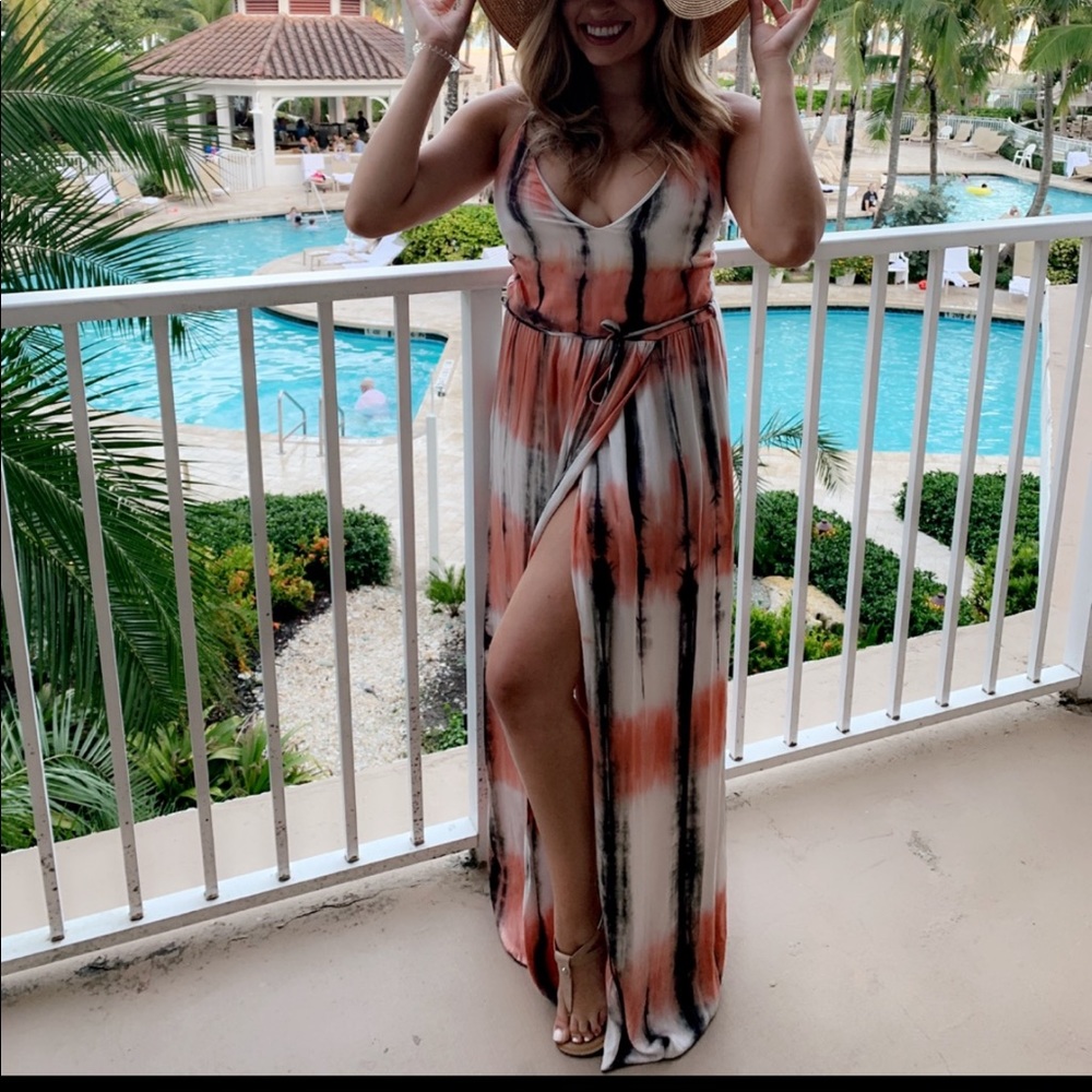 Coral tie dye high slit maxi dress